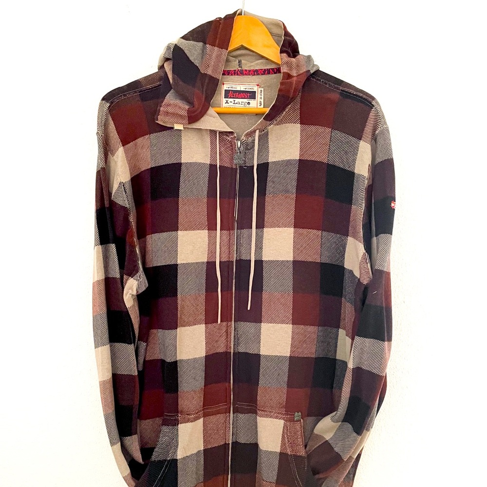 Altamont Zip-Up Flannel with Hood. Size XL. Red + Black Plaid.